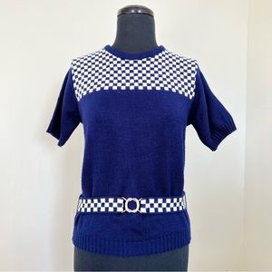 VTG Blue Checkered Short Sleeve Knit Belted Sweater